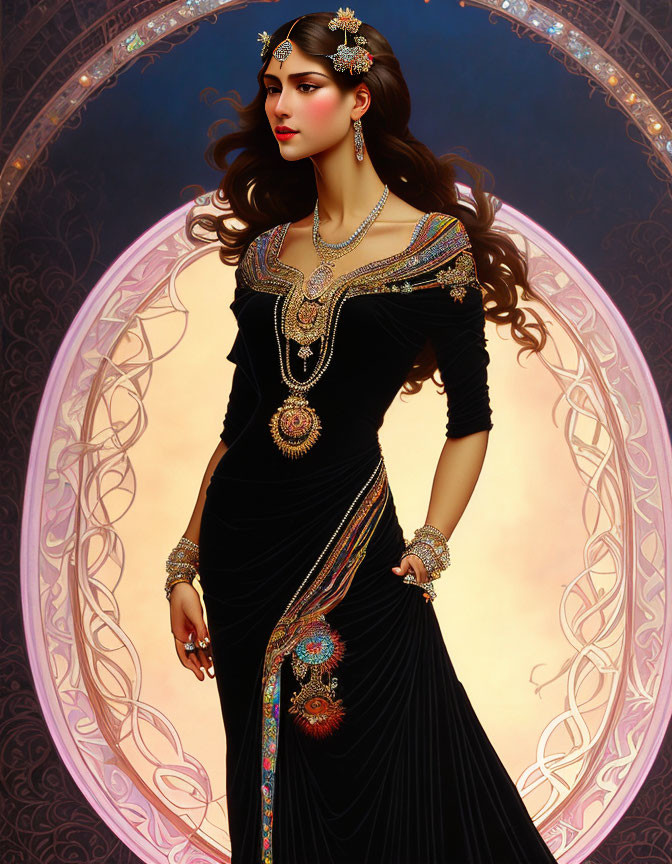 Traditional Attire Woman Illustration with Ornate Background