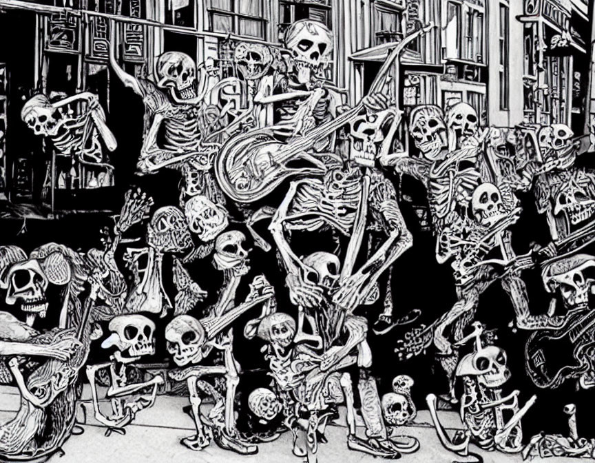 Skeleton band playing musical instruments in front of gothic building