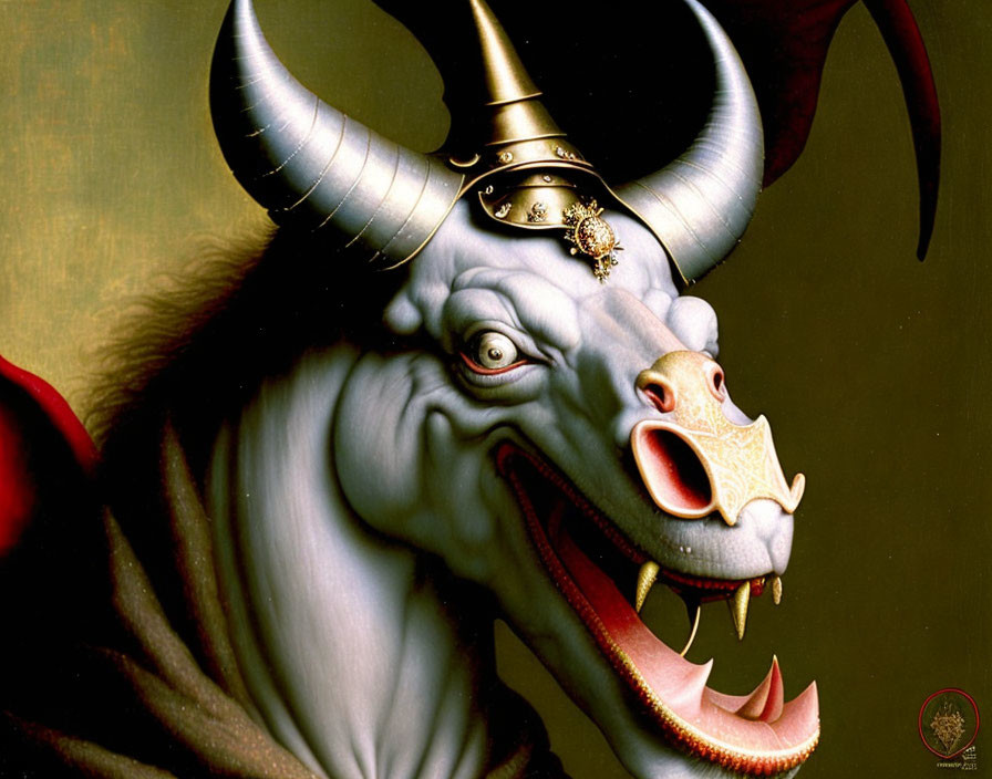 Horned creature with helmet and toothy grin on dark background