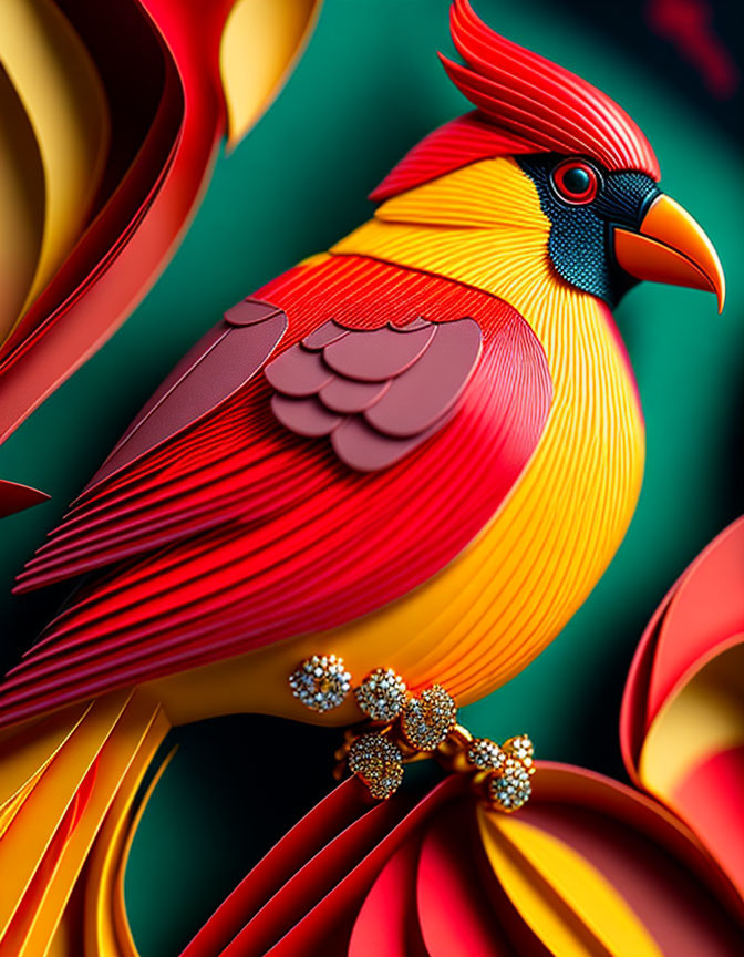 Colorful layered paper art of a cardinal bird perched on a branch