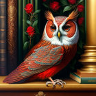 Colorful Owl Illustration with Feather Patterns, Books, Candlestick, and Rose