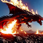 Majestic dragon with fiery wings soaring over rugged landscape