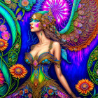 Vibrant fantasy woman illustration with peacock motif