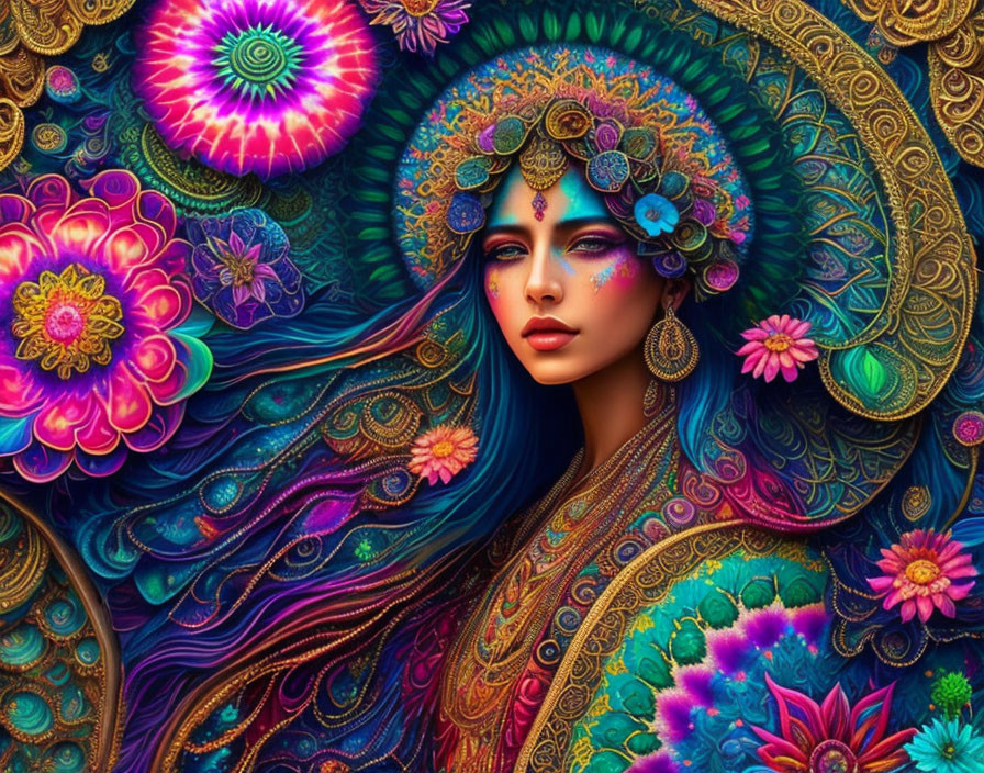 Colorful artwork of a woman with blue skin and floral patterns