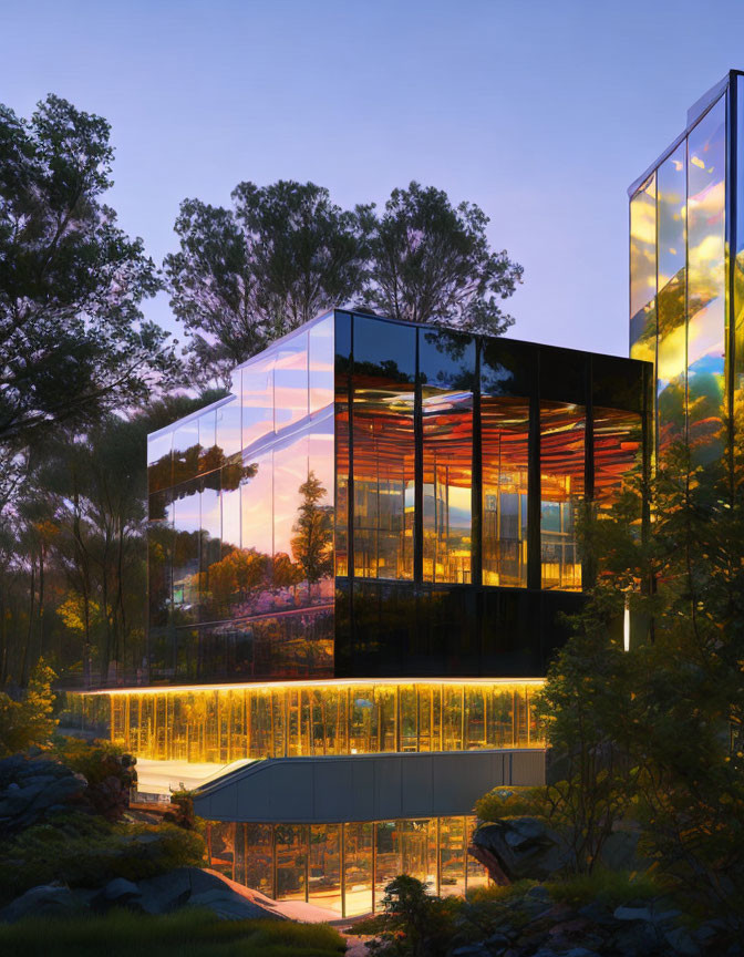 Glass building at twilight with colorful sky reflection and lush trees