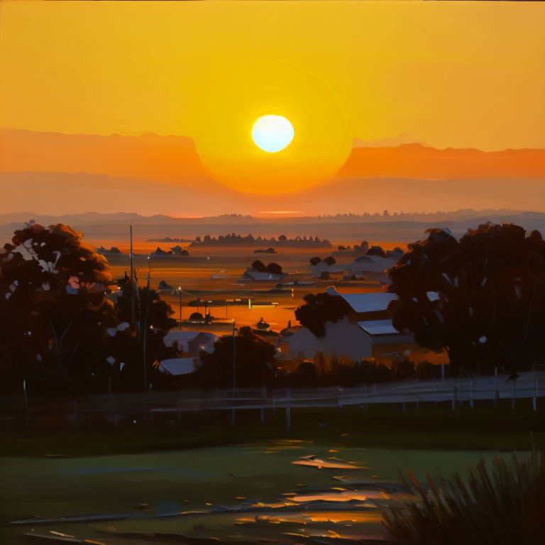 Large glowing sun over serene sunset landscape with silhouetted trees and distant mountains.