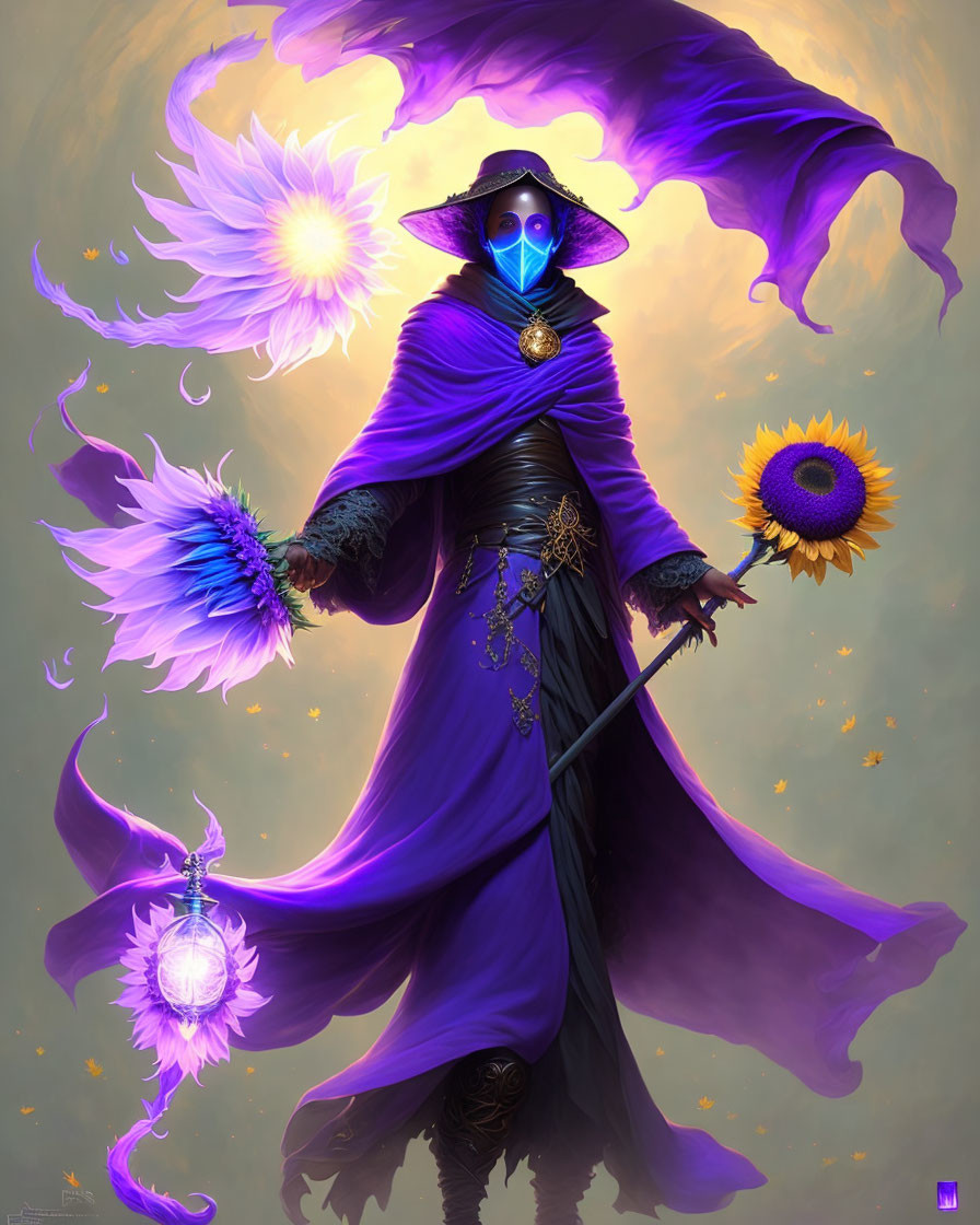 Mystical figure in purple robe with sunflower staff and magical flowers