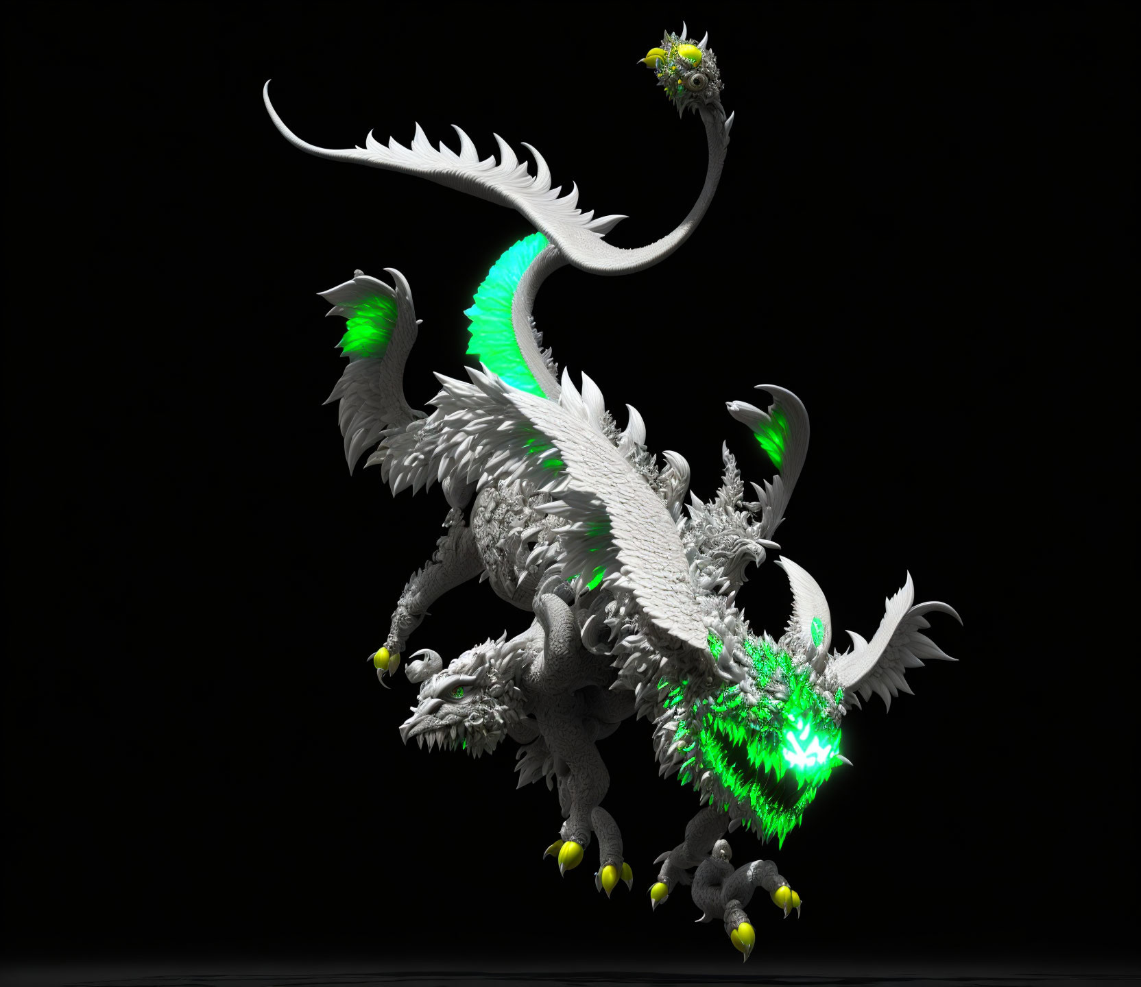 Fantasy dragon with silver scales and green glowing eyes.