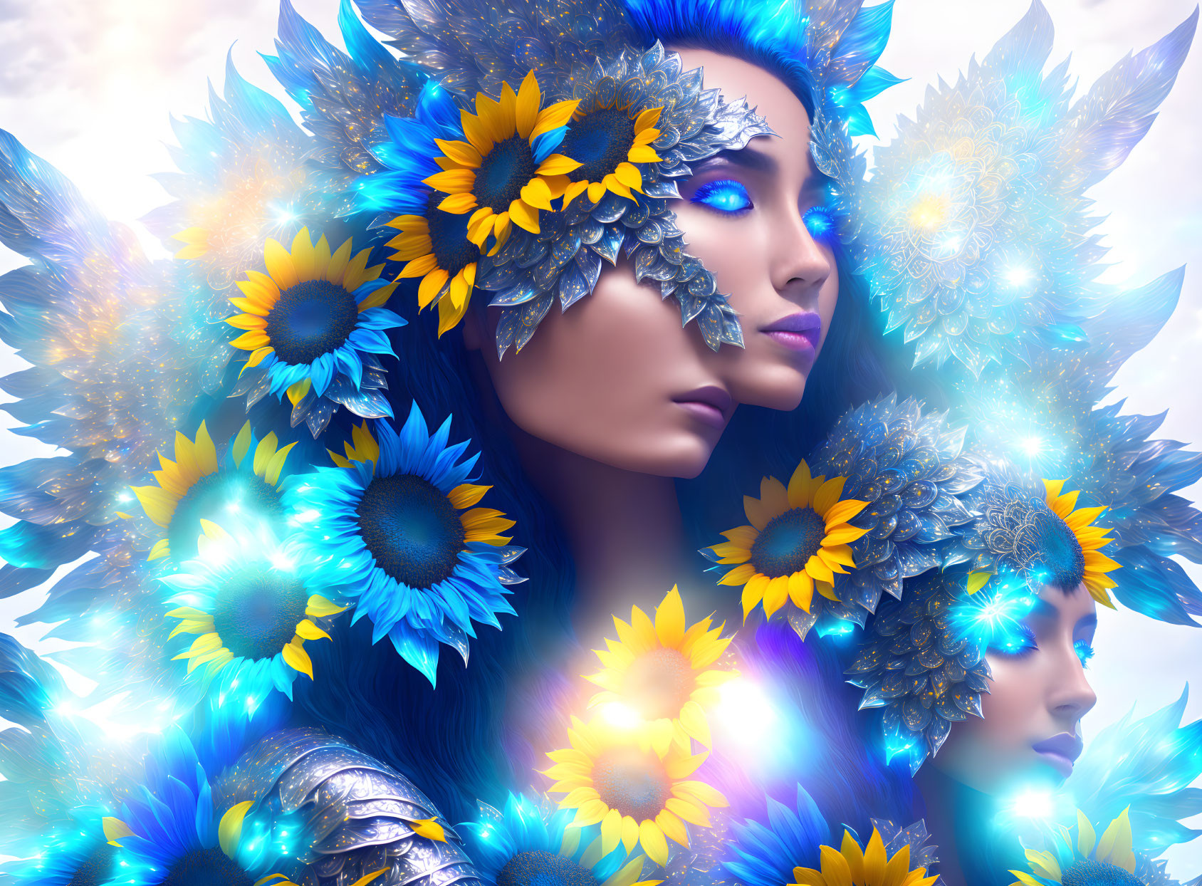 Artistic image: Two women with blue skin, sunflower and crystal headdresses