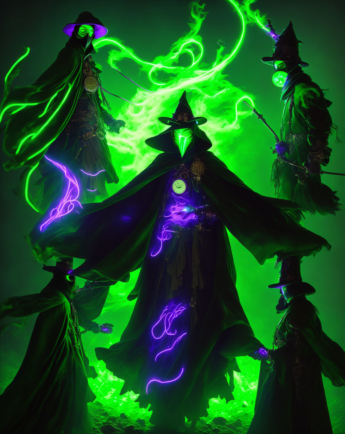 Three witches in cloaks and hats casting colorful magic in a mystical scene