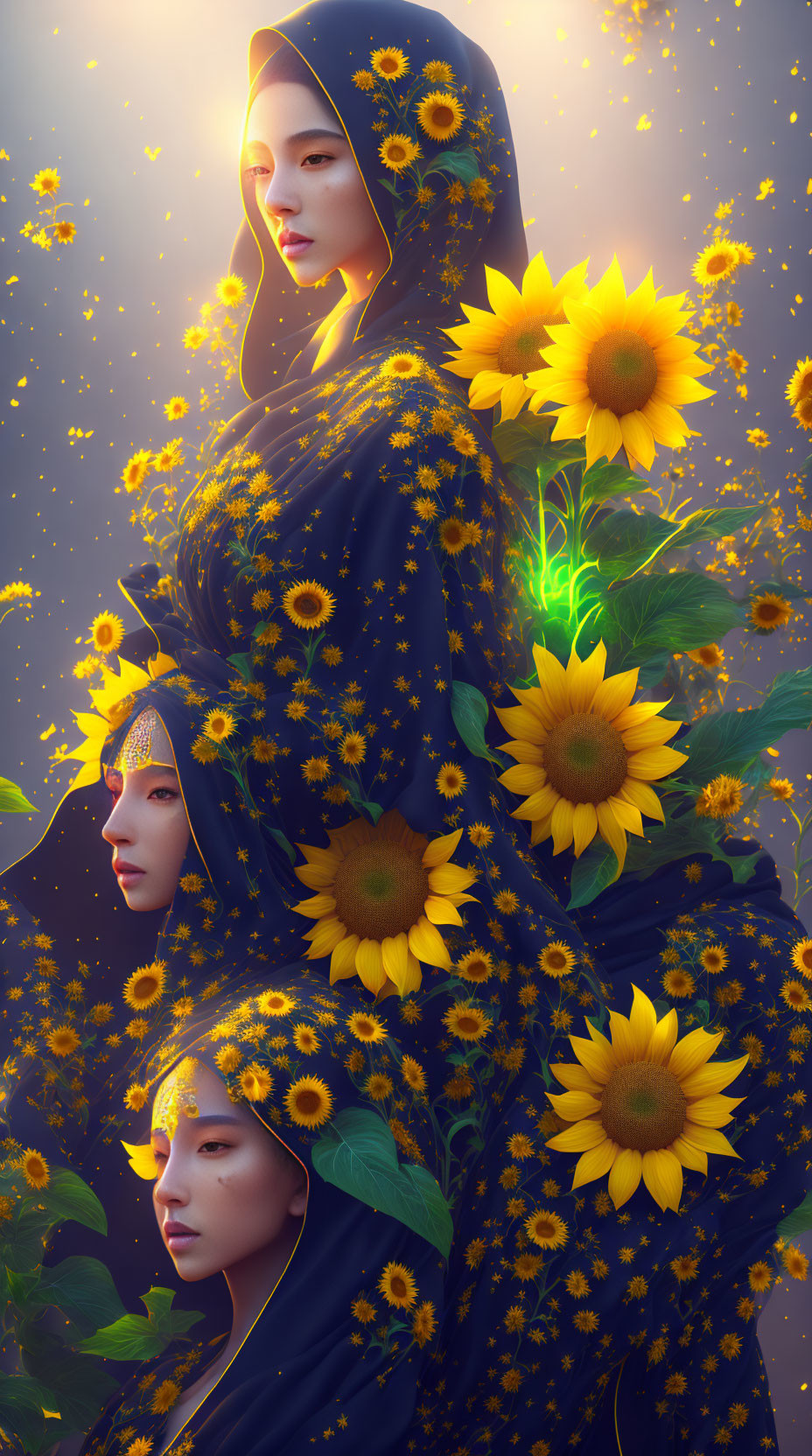 Digital Artwork: Three Women with Sunflowers in Warm Ambiance