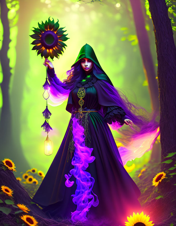 Mystical figure in green cloak with lantern and sunflower in sunlit forest