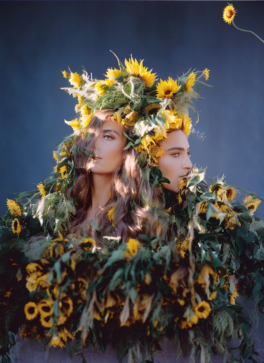 Individuals in sunflower headdress and cloak on blue backdrop