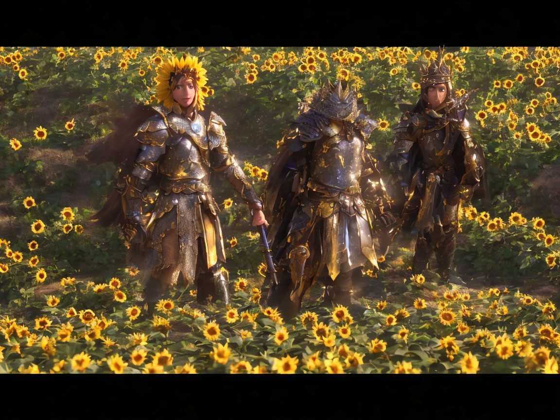 Three knights in sunflower-themed armor in a field.