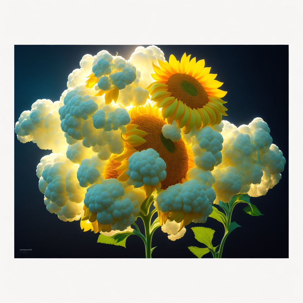 Sunflowers and clouds merge in surreal artwork on dark background