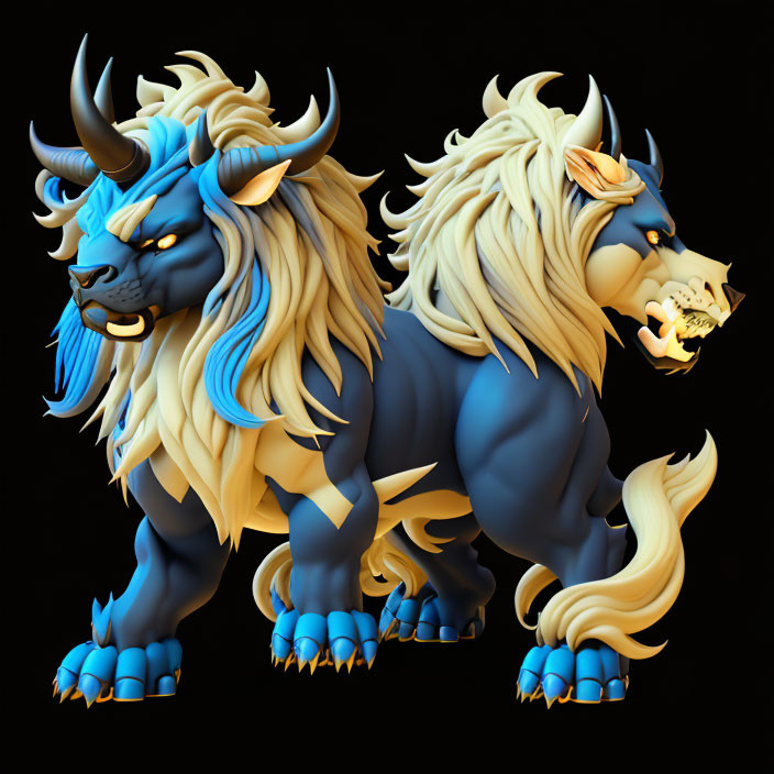 Mythological creature 3D illustration with blue horns and golden mane