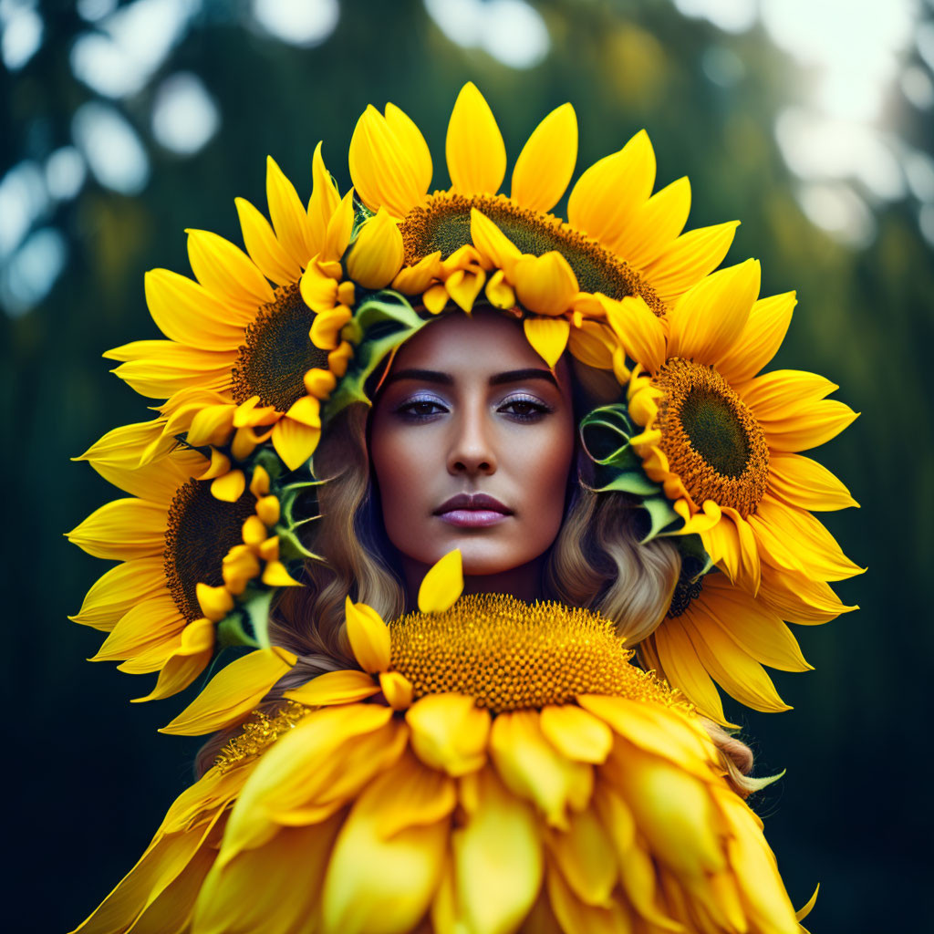 Woman with Vibrant Sunflower Headdress in Summer Setting