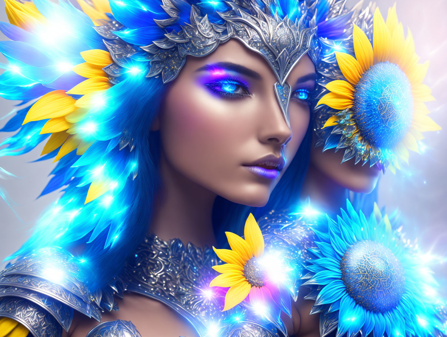 Fantastical female figure with blue eyes, silver crown, and luminescent blue feather armor