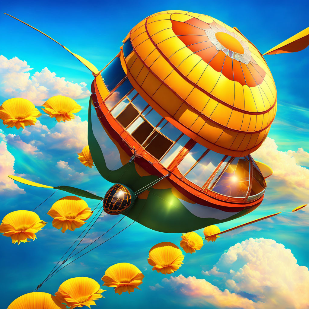 Colorful Hot Air Balloon with House-Like Gondola Soaring in Surreal Sky