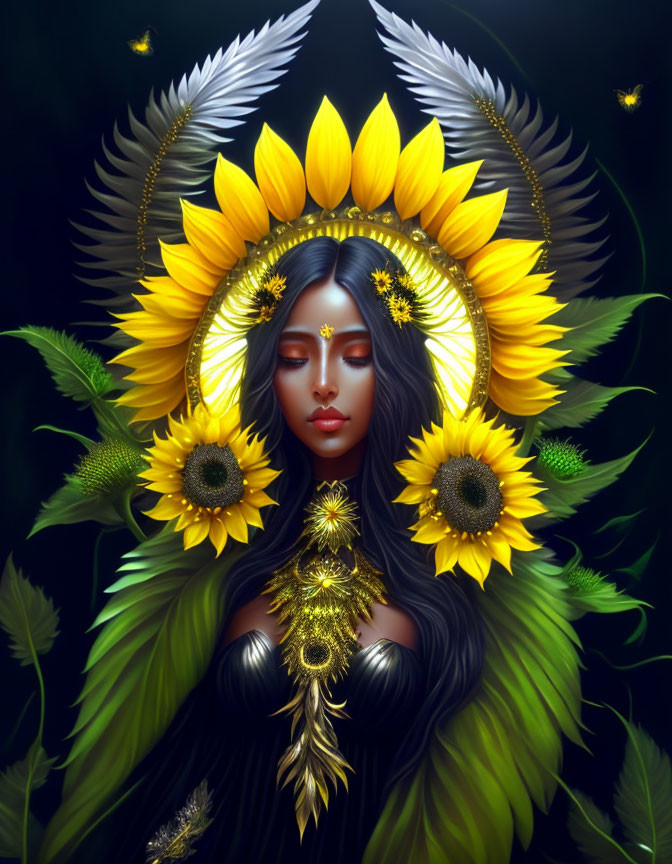 Woman with Sunflower Headdress and Feathers in Mystical Illustration