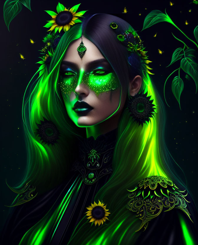 Woman with Green Glowing Hair and Sunflower Motifs on Dark Background