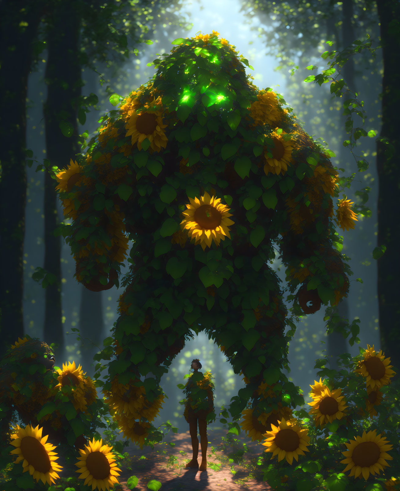 Person facing giant sunflower creature in sunlit forest