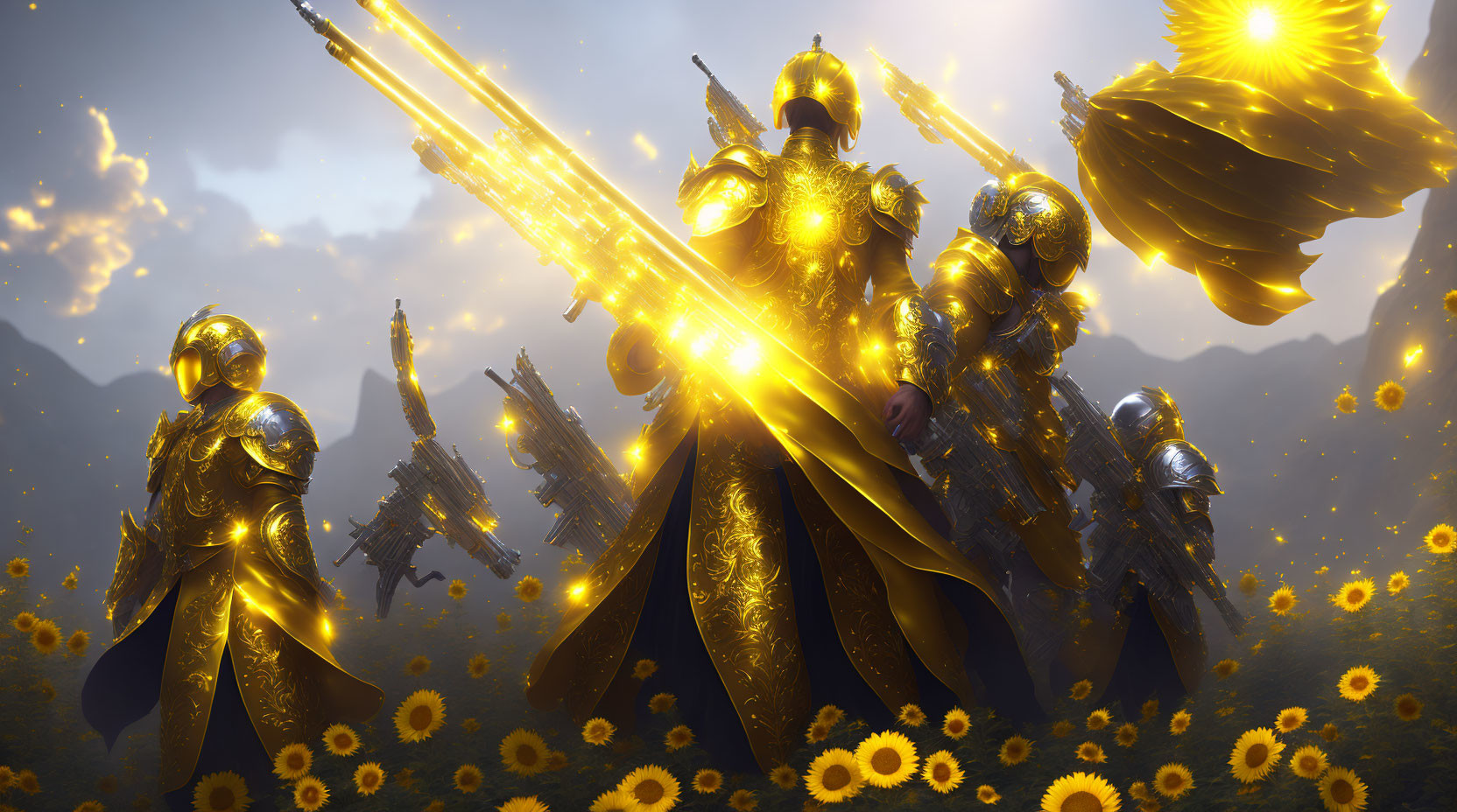 Golden armored warriors with glowing weapons in sunflower field under radiant sky.