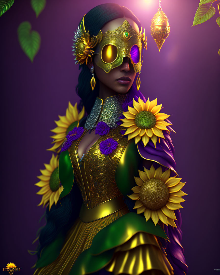 Woman in Sunflower Masquerade Mask and Floral Attire on Purple Background