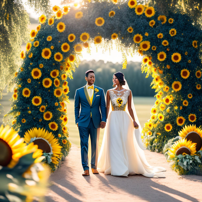 Wedding couple holding hands under sunflower archway in warm sunlight