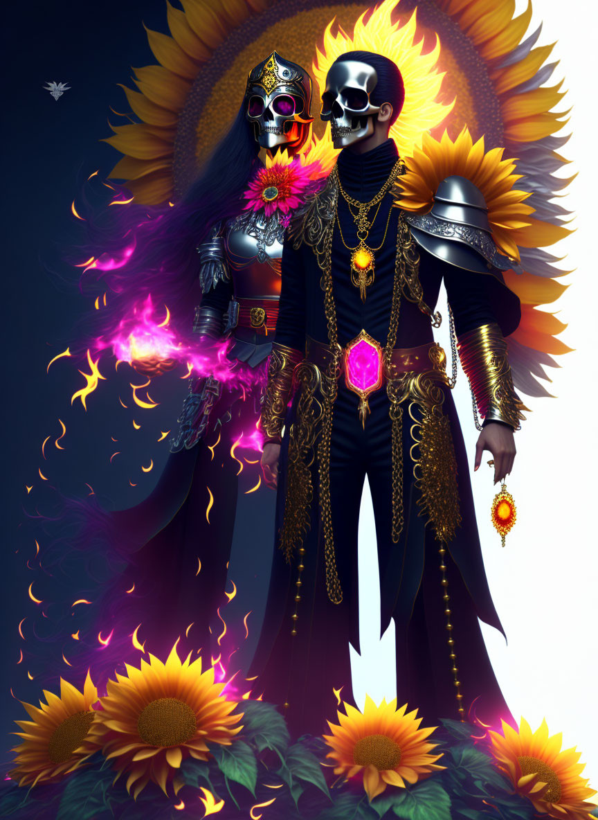 Medieval armor skeletons with sunflowers in fiery backdrop