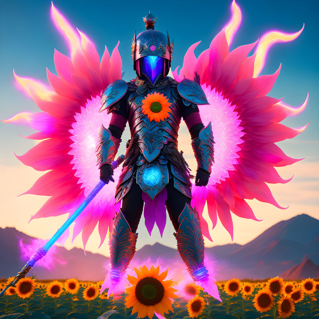 Digital artwork: Knight in fiery winged armor wields neon blade in sunflower field