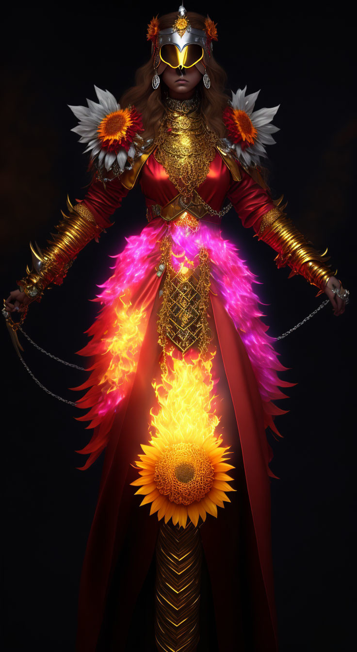 Regal figure in red and gold armor with sunflower motifs and flaming swords.