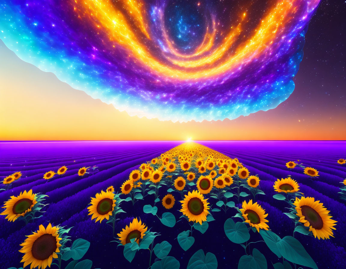 Sunflowers field under swirling galaxy and sunrise with purple skies