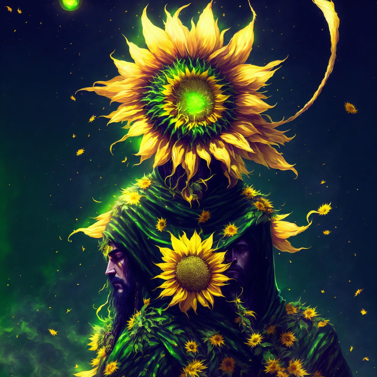 Colorful artwork: Two figures in green robes with sunflowers, set against starry space.