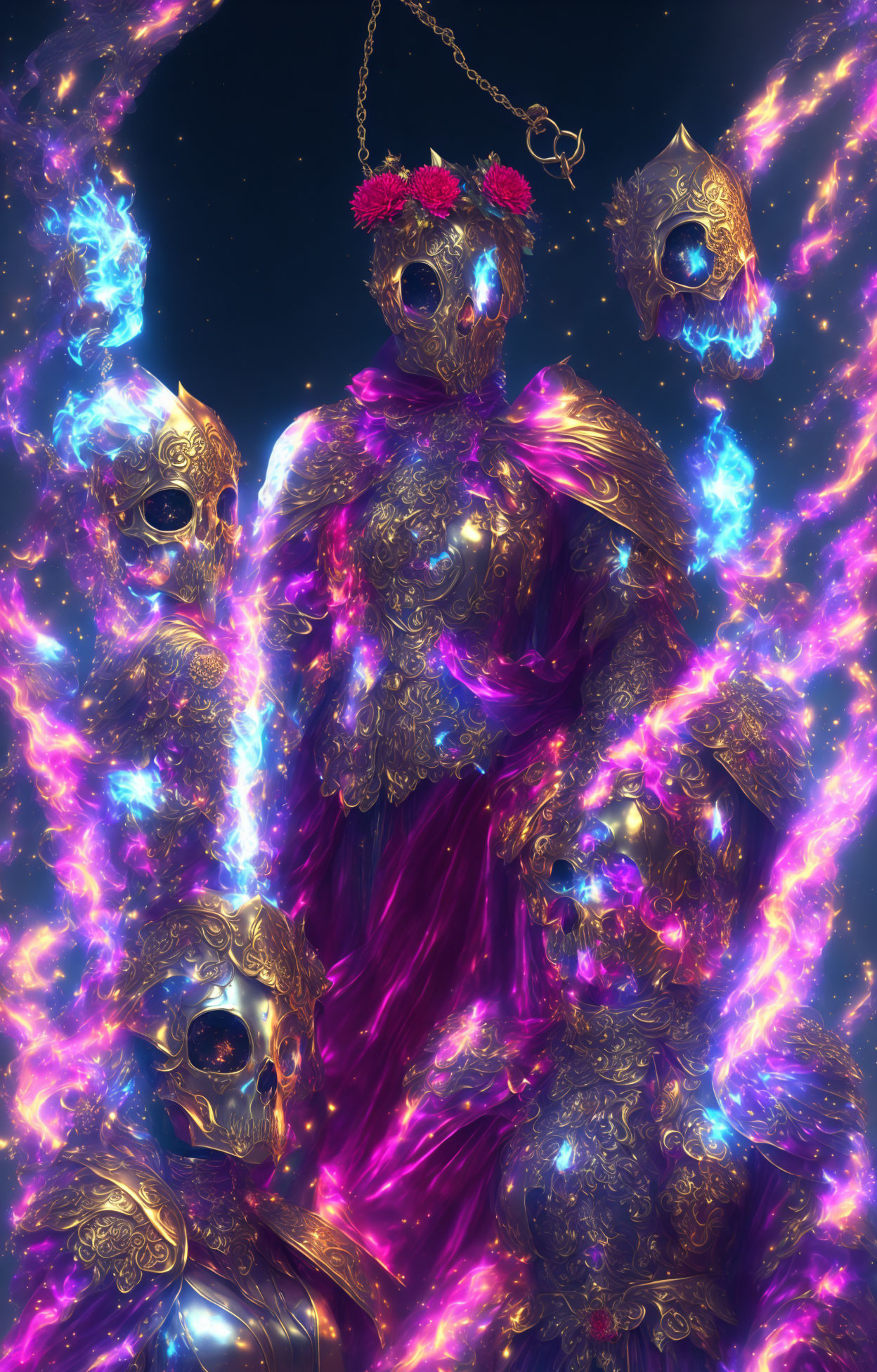 Surreal figure in flower crown and ornate armor with golden skulls on cosmic backdrop