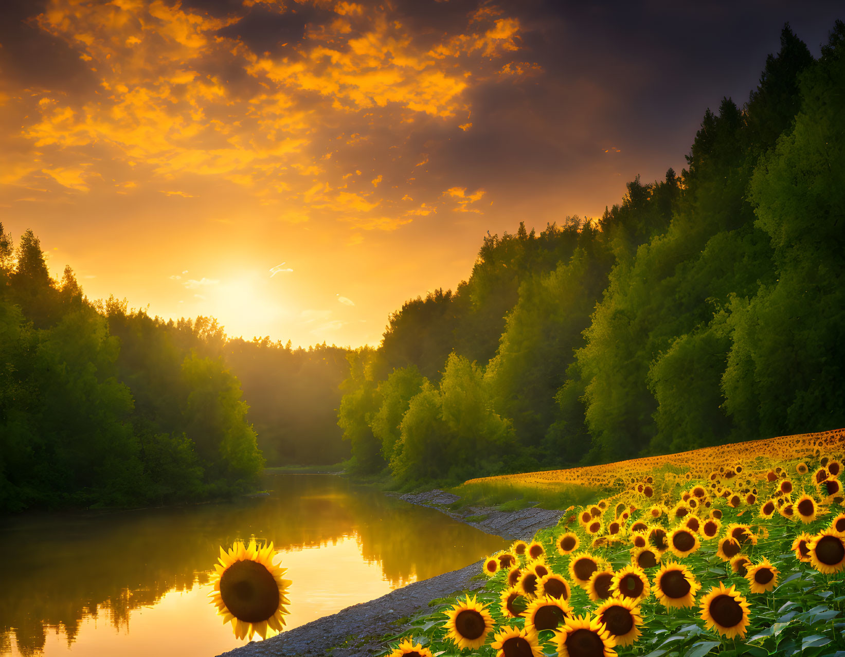 Serene river sunset with vibrant sky, sunflower field, and lush forest.