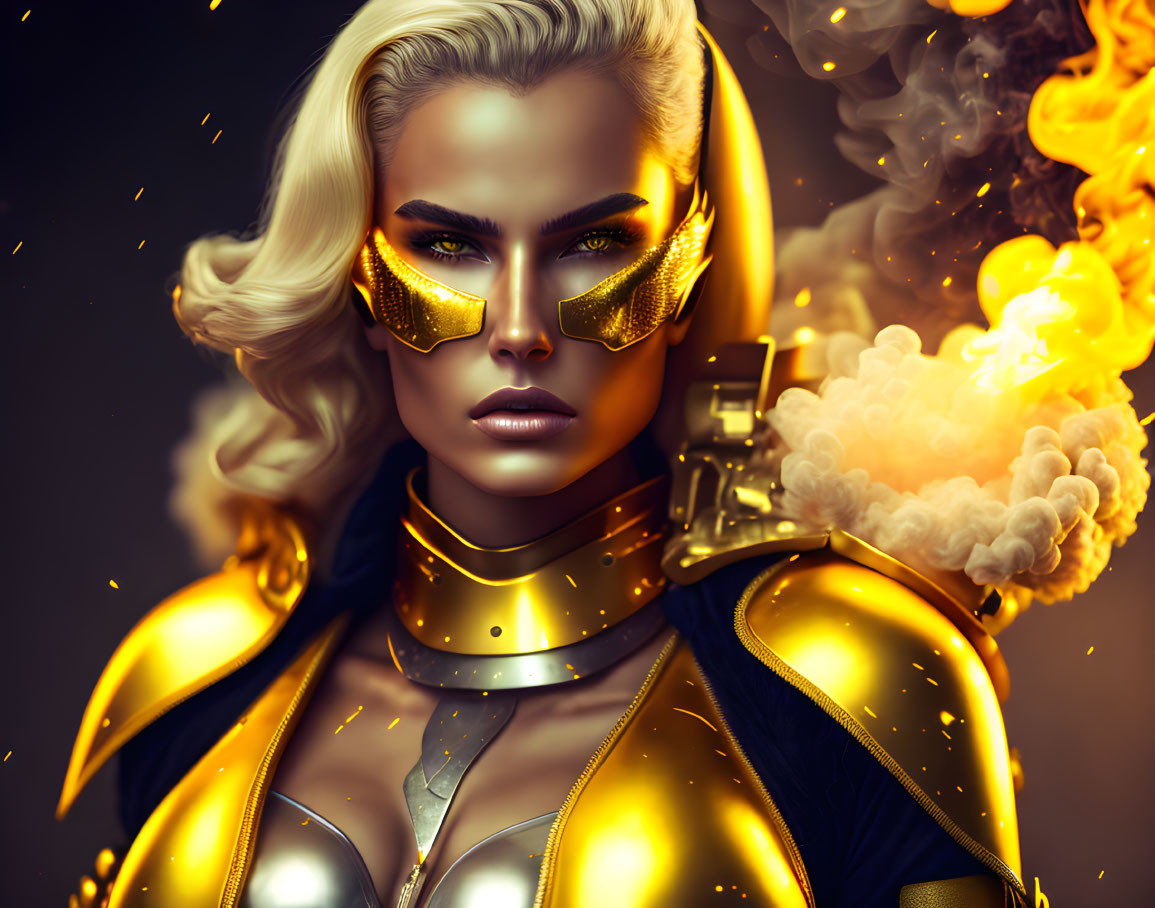 Golden-armored woman in visor surrounded by flames and smoke