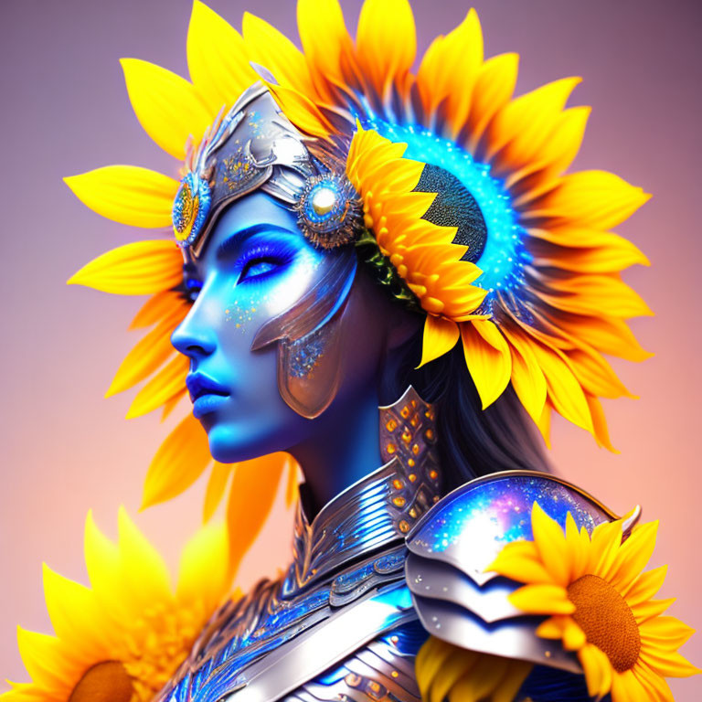 Female warrior in sunflower armor with blue skin and gold markings on gradient backdrop.