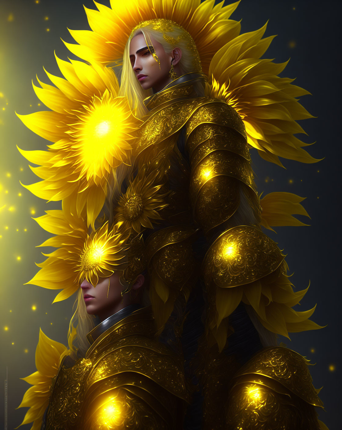 Regal figure in golden armor with sunflower motifs glowing softly