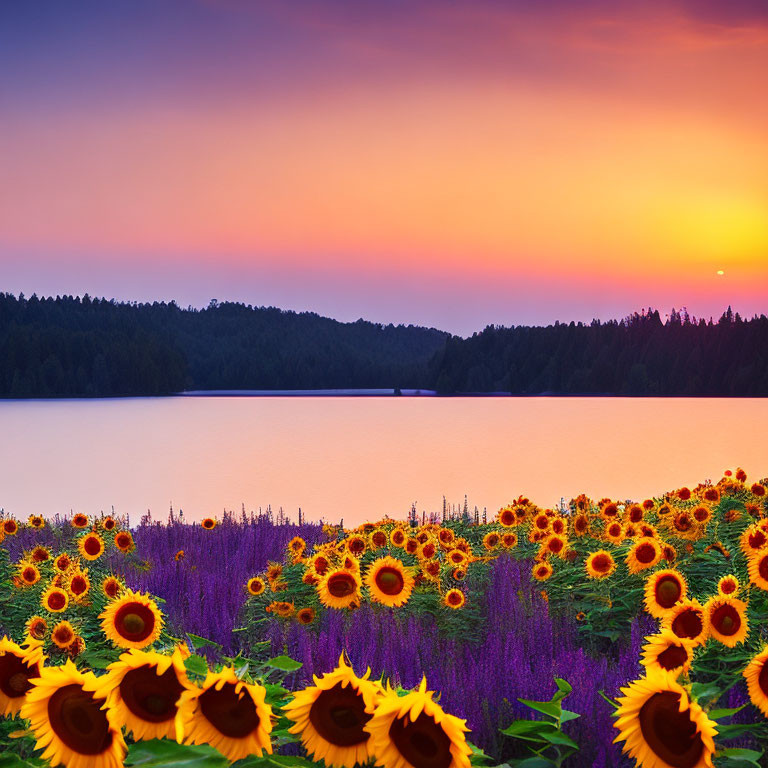 Scenic sunset sky over calm lake with sunflowers and purple flowers