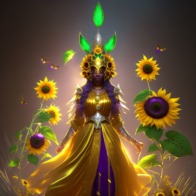 Regal figure with golden mask and sunflower headdress in purple robe