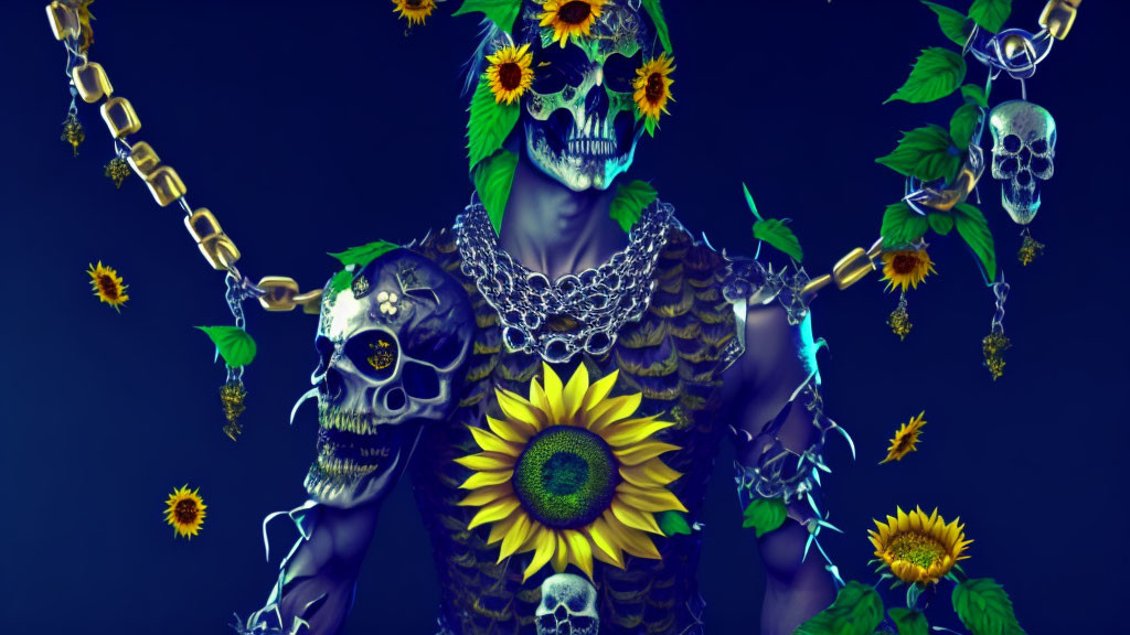 Surreal artwork: Skull-headed figure with sunflowers, chains, and blue lights