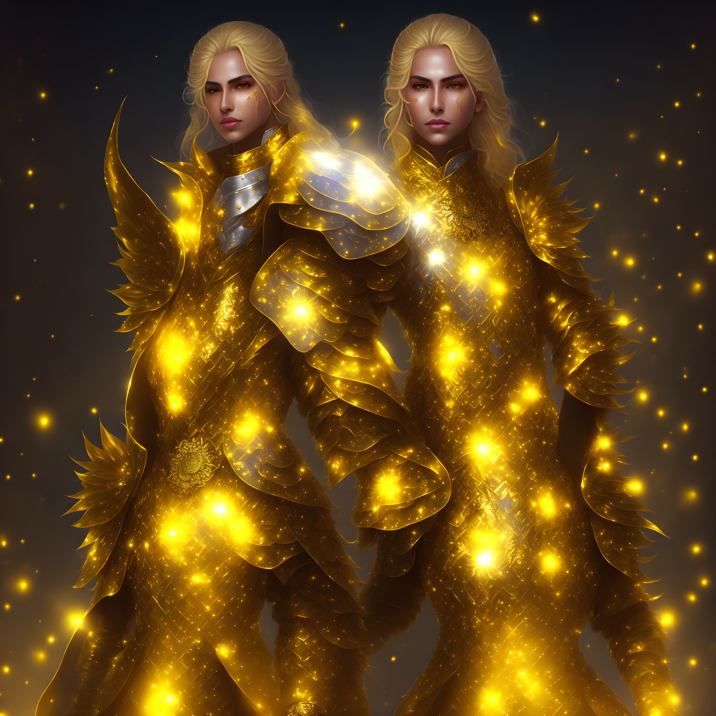 Two figures in gold armor with star motifs against cosmic background