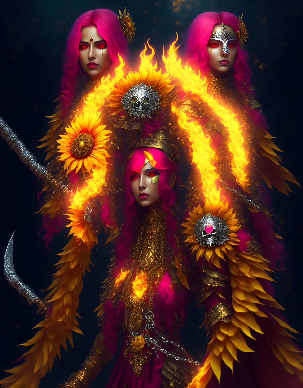 Pink-haired figures with fiery wings, sunflowers, skulls, red robes, silver helmets.