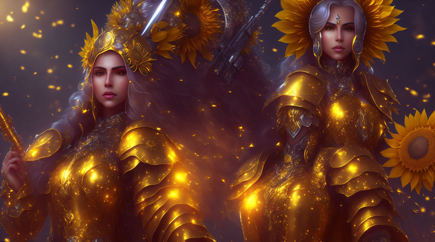 Two women in golden armor with sunflowers and feathers on sparkly backdrop