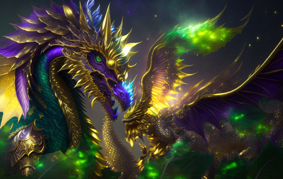 Golden-armored dragon breathing green fire under starry sky