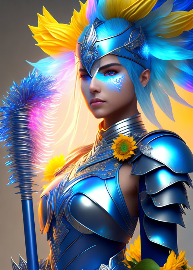 Female warrior digital art: Blue armor, sunflower decorations, staff, radiant backdrop