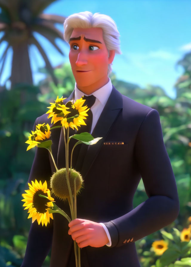 Light-Haired Animated Character Holding Sunflower Bouquet Outdoors