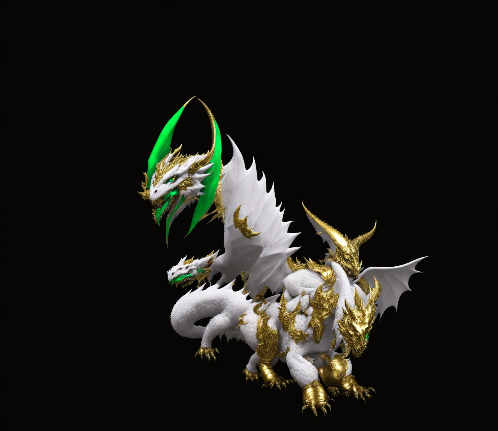 White and Gold Dragon Artwork with Green Eyes on Black Background