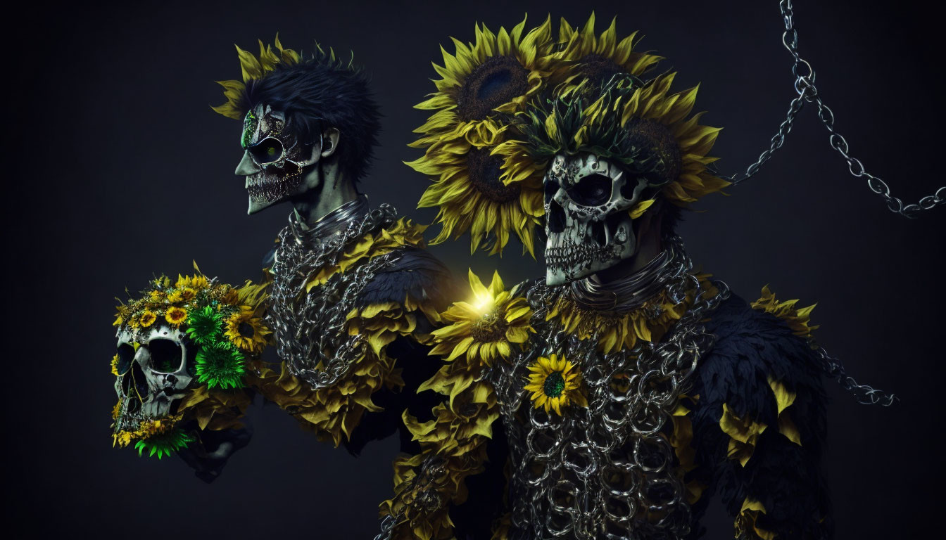 Two individuals with dark makeup and sunflower accessories pose with skull-like features.